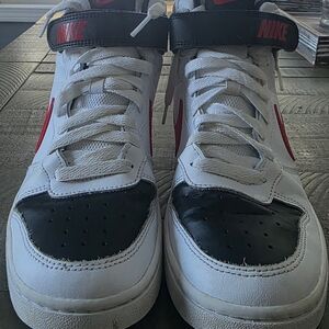 Nike White, Red, And Black High-Top Sneakers 6 Youth